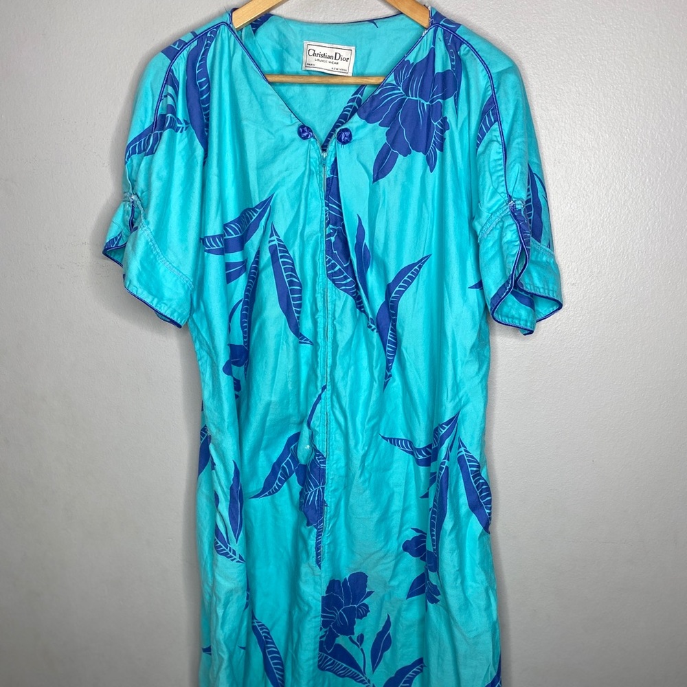 Vintage Christian Dior Lounge Wear Floral Gown Wear Zip Blue Size XL